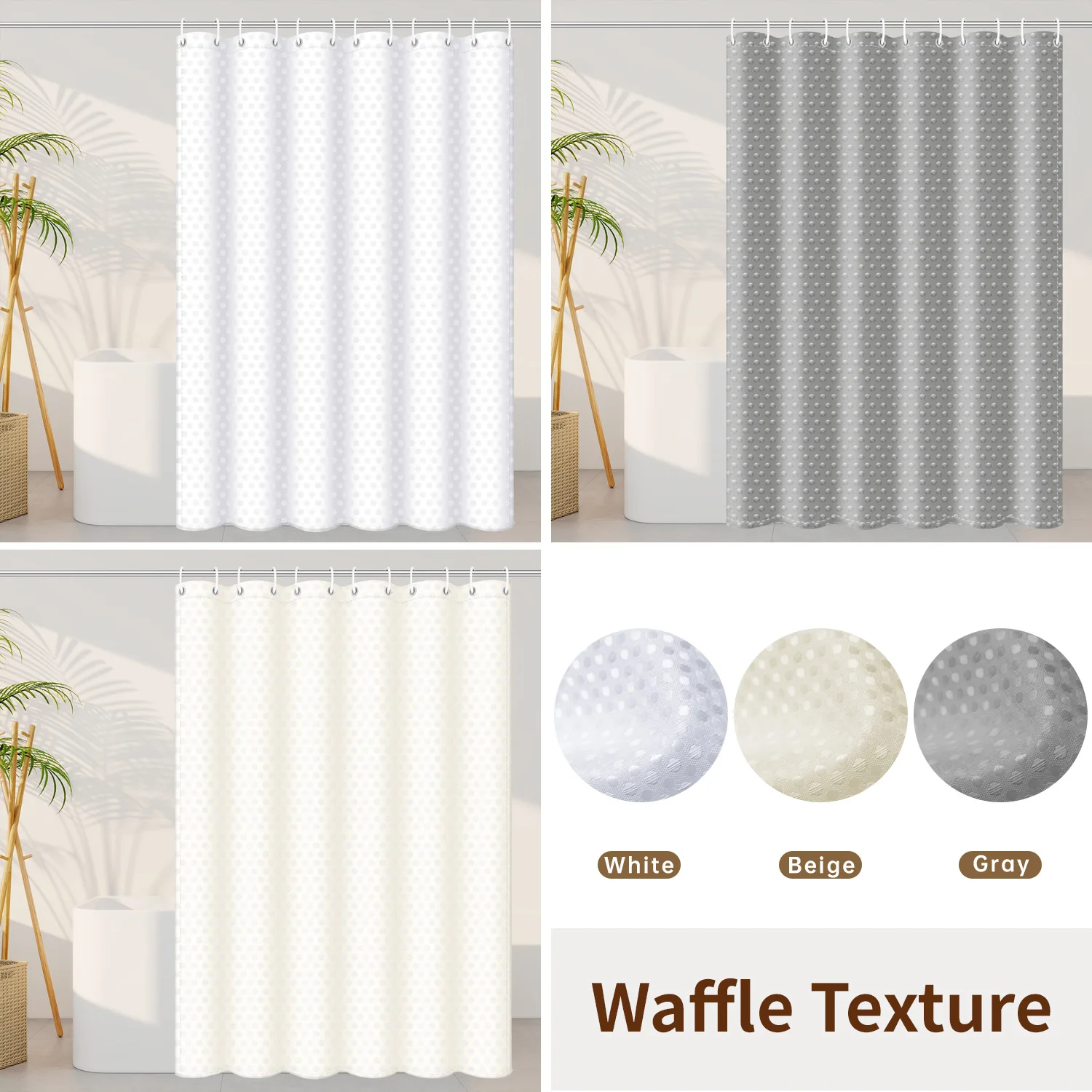 Einfarbiger, strapazierfähiger Waffel-Duschvorhang aus Polyester, wasserdicht, schimmelresistent, einfarbig, Badezimmervorhang mit Haken