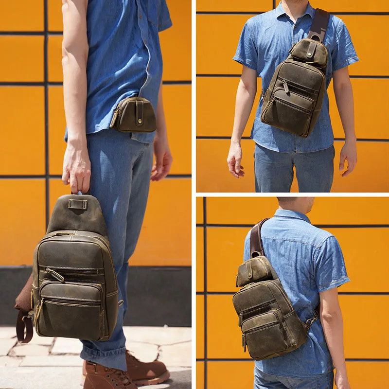 Big Size Leather Chest Bag Backpack Real Leather Men\'s Corssbody Bags Single Shoulder Bagpack Man Male Chest Pack Sling Bags