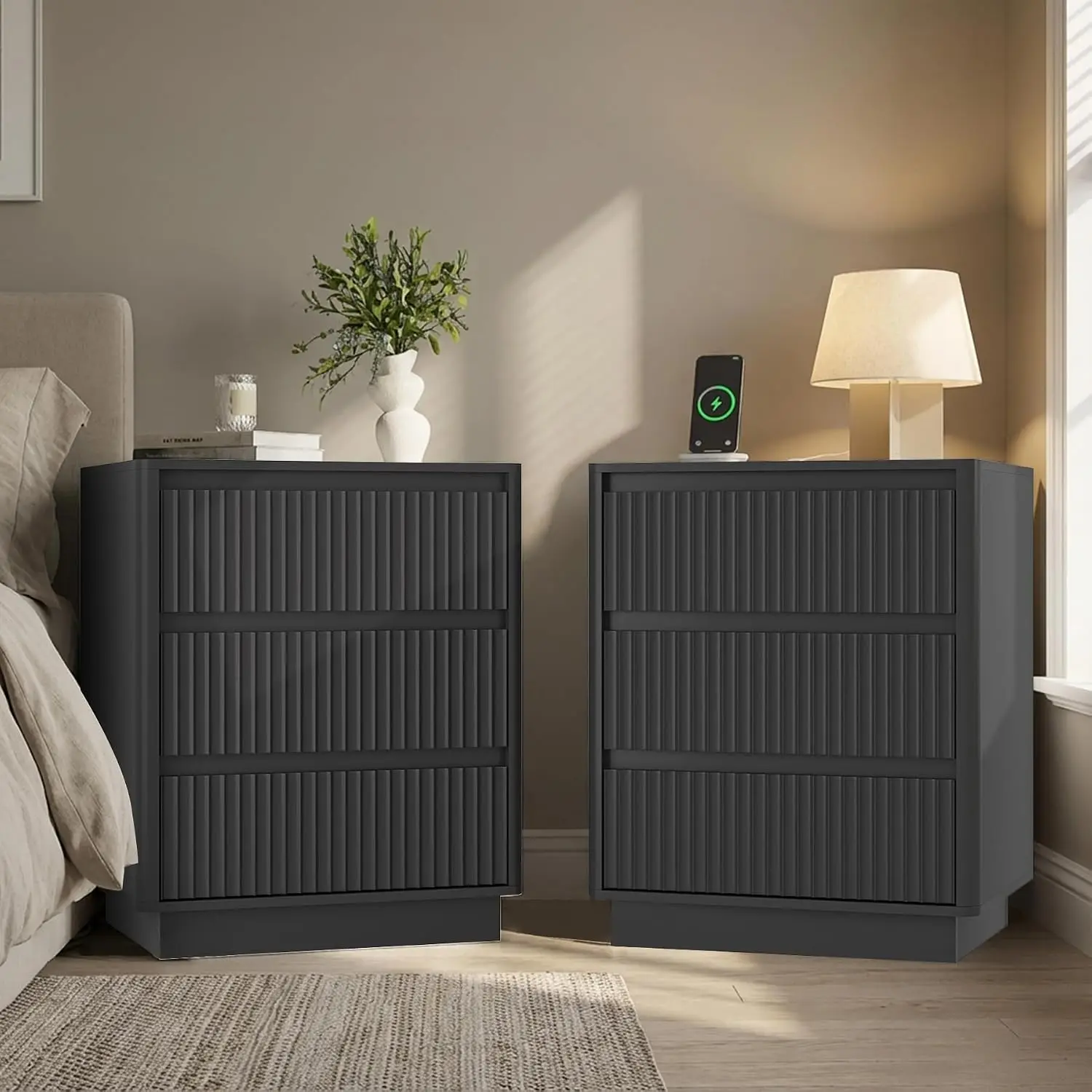 Nightstand Set 2 with Charging Station & 3 Drawers, Fluted Rounded Bedside Table Cable Management Bedroom Black, Customized