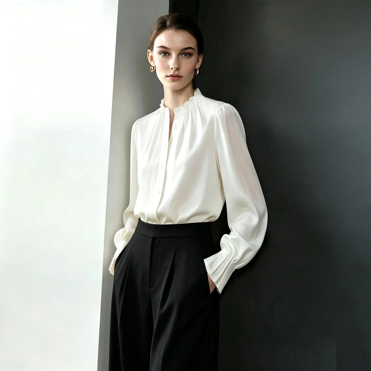 Amii Women's Stand Collar Satin Blouse Flared Sleeve Oversized Long Sleeve Minimalist Shirt Office Casual 2026 Autumn 12643115