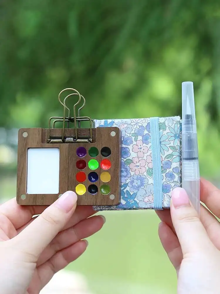 Mini  Drawing Tool Set Portable Travel  Walnut Wood Magnetic Watercolor Paint Box Art Drawing Notebook For Beginners