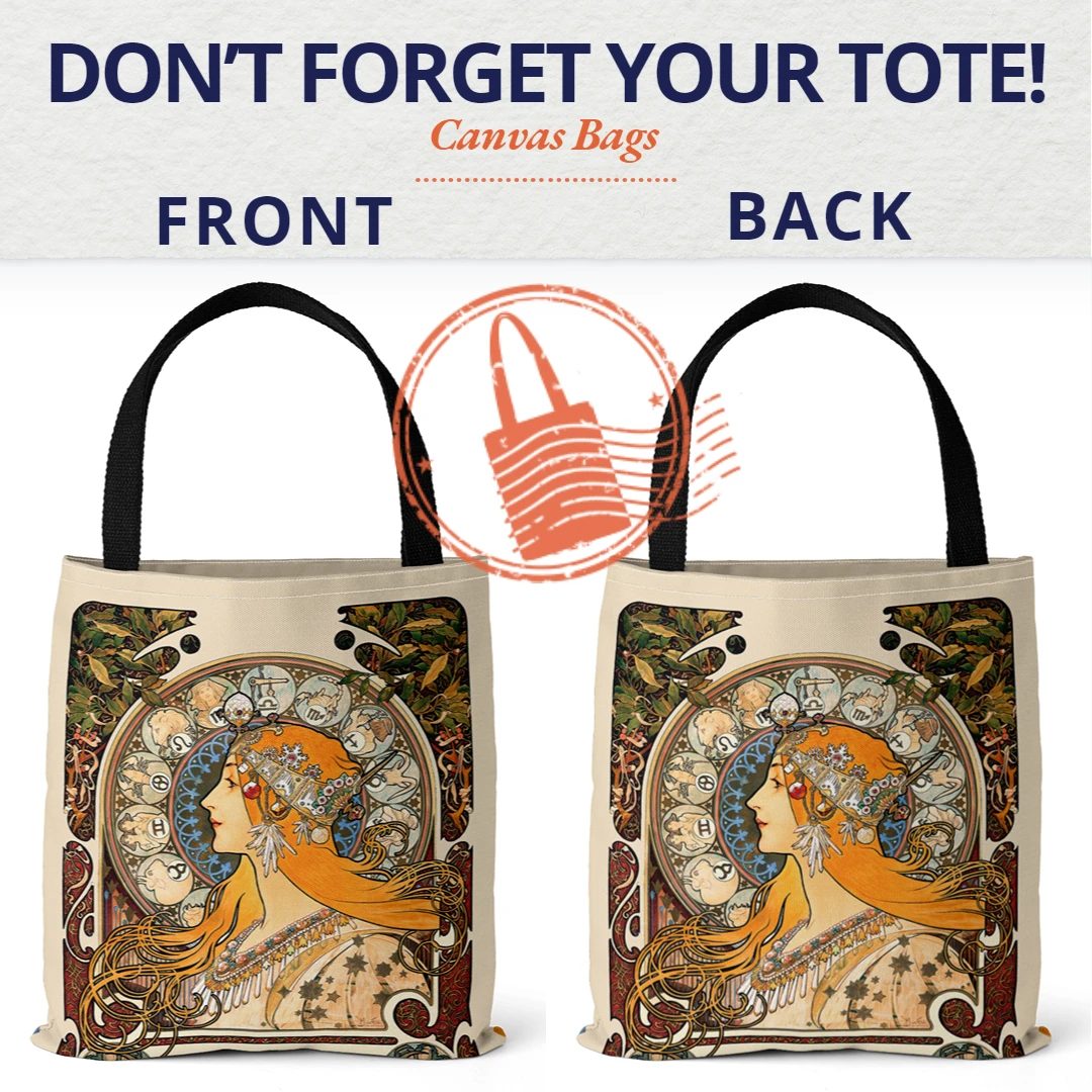 Mucha Series Digital Printed Canvas Bag Open Tote Bag Handbag Retro Canvas Shopping Bag