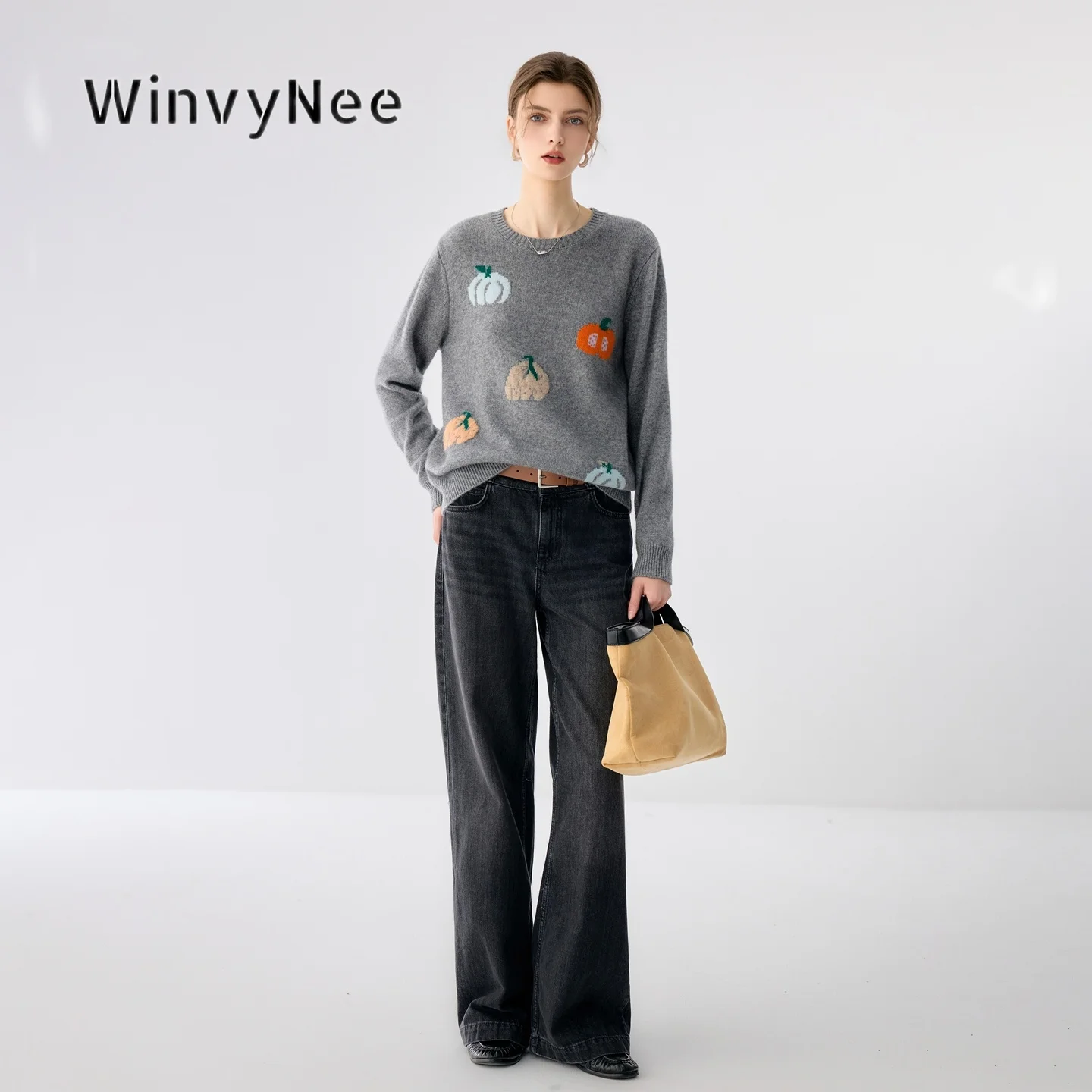 WinvyNee Women Pumpkin Jacquard Knitted Pullover Cashmere Long Sleeve Crew Neck Top Autumn Winter Thickened Smooth Fine A1944032