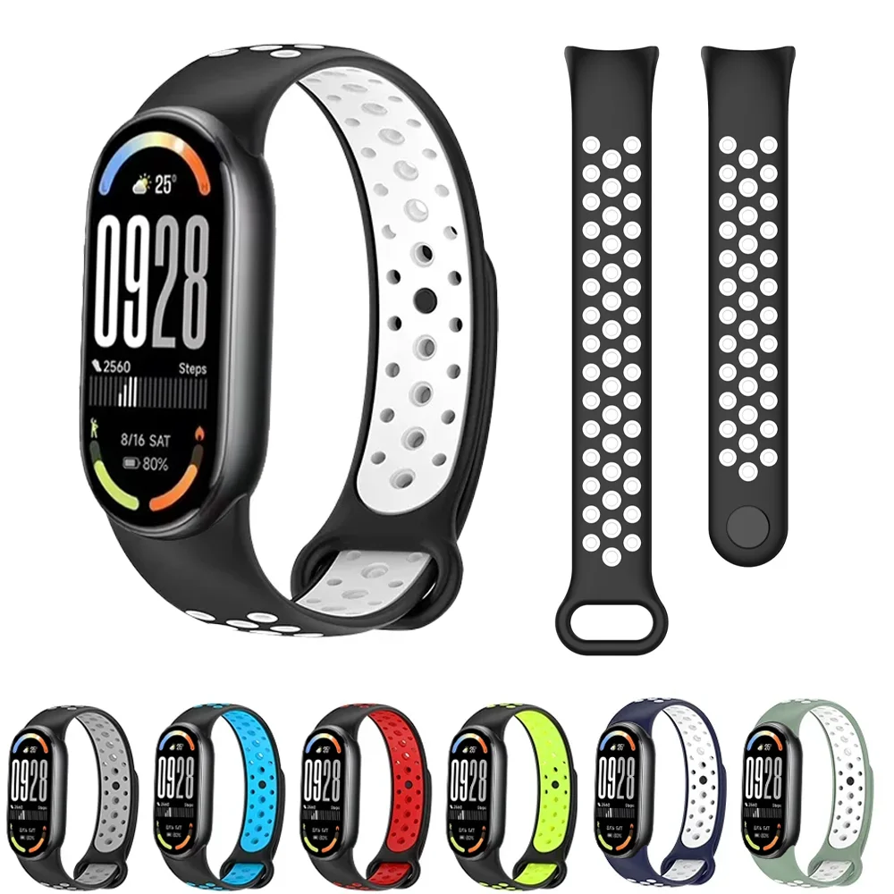 حزام سيليكون لـ Xiaomi Mi Band 10 9 8 سوار معصم رياضي ناعم ومريح يسمح بمرور الهواء لملحقات حزام Mi Band 9 8
