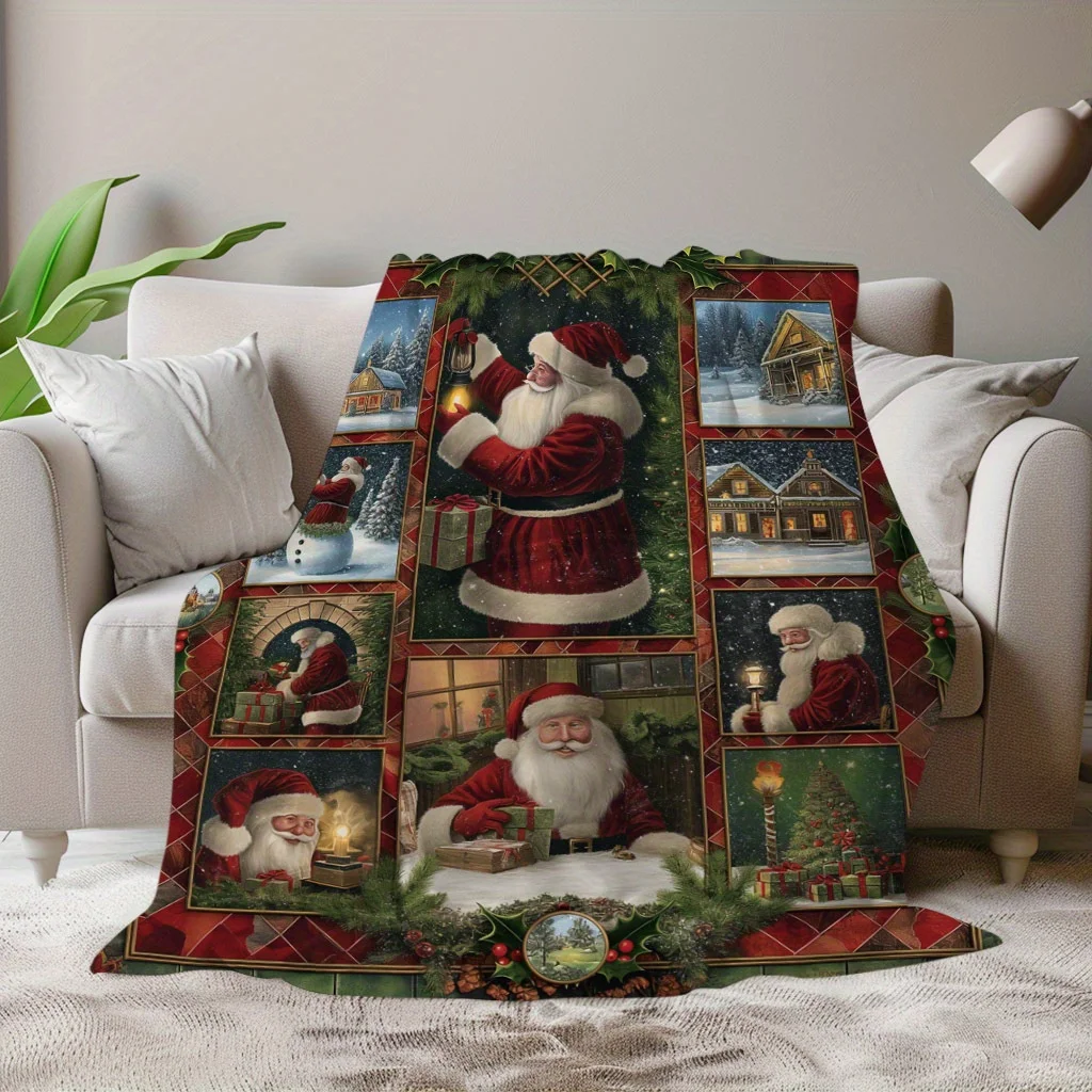 Christmas Santa Scene Flannel Throw Blanket - Knitted Polyester, Quilted Craftsmanship, Digital Printing, 200-250g Fabric Weight