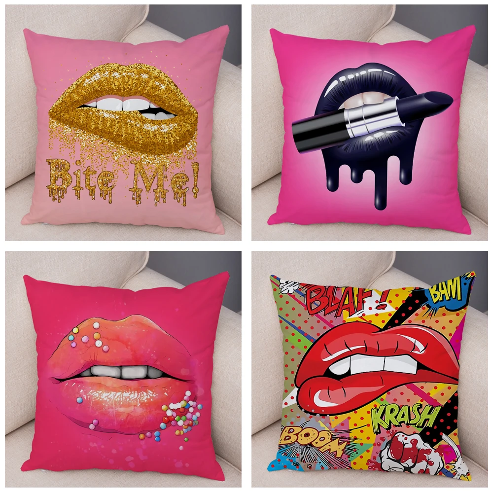 

Sexy Ladies Lips Pillowcase Sofa Home Car Decoration Cartoon Lipstick Printing Cushion Cover Pillowcase cojines 60x60 funda