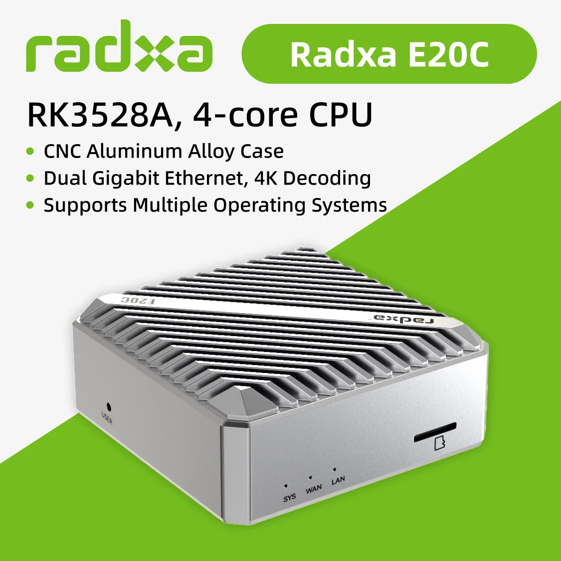 Radxa E20C, CPU 4-core, Ethernet Gigabit ganda, casing Aloi aluminium CNC, Decoding 4K