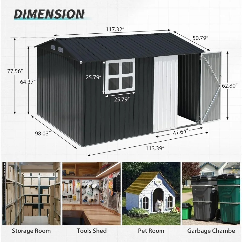 10x8FT buitenopslagschuur, grote gegalvaniseerde stalen metalen tuinschuur met raam, afsluitbare dubbele deur, buitengereedschuur voor