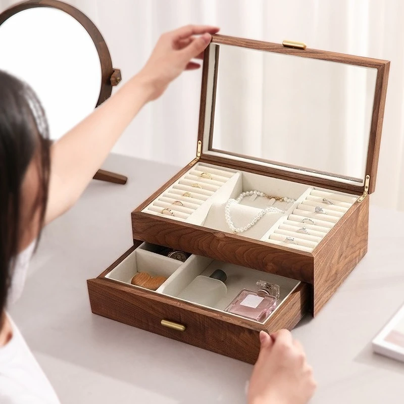 

Black Walnut Jewelry Box Necklace Earring Ring Organizer Box Luxury Portable Dustproof Jewelry Case Aesthetic Wedding Gift
