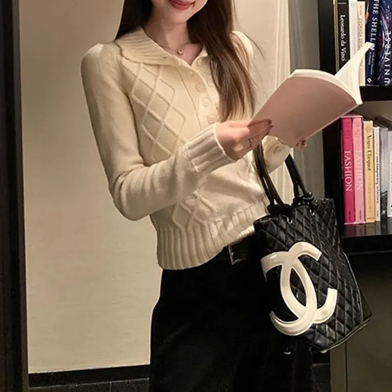 الأساسية خمر بلون محبوك البلوفرات الملابس النسائية بدوره إلى أسفل طوق زر الخريف الشتاء عارضة طويلة الأكمام البلوزات #3