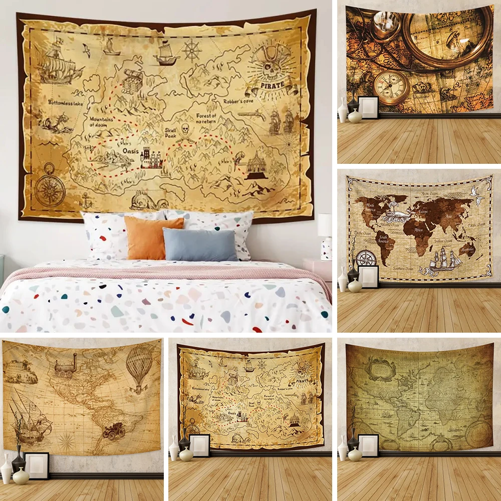 

Vintage Pirate Treasure Map Tapestry Hippie Wall Hanging Pirate Ship Compass Bohemian Polyester Room Wall Decoration Dormitory