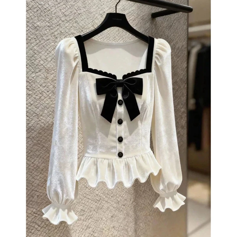 Temperament Bow Contrast Patchwork Long Sleeve Tops Tees Autumn Winter New Button Elegant T Shirts Fashion Korean Women Clothing
