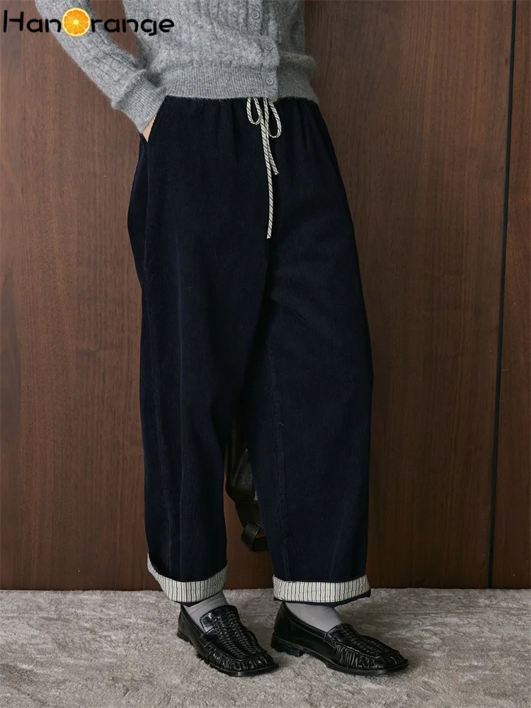 HanOrange 2026 Winter Retro Corduroy Drawstring Waist Pants Women Loose Wide Leg Trousers Navy Blue/apricot beige