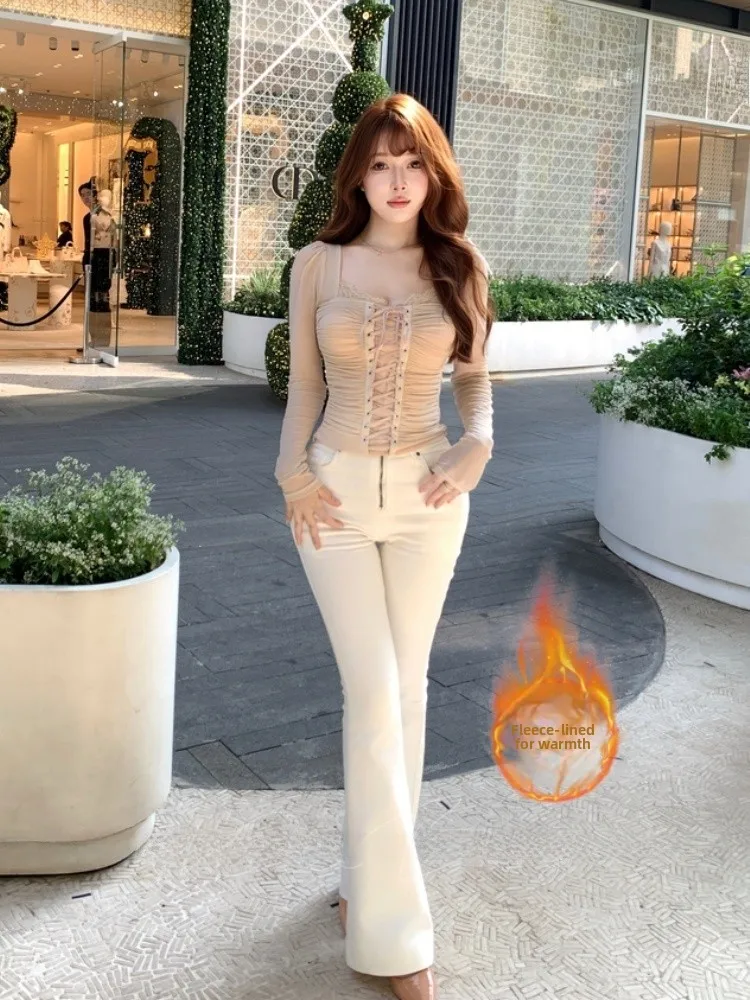 

Slim Fit Fleece Lined Denim Capri Pants Women's Autumn Winter High Waist Stretch Cotton Jeans Bell Bottoms Leg Beautifying