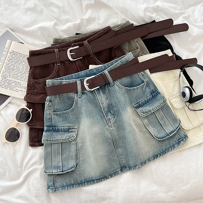 

Retro Women's Denim Half Skirt 2026 Summer Fashion High Waist Slim Double Pocket Cargo Skirts A-line Skirts with Lining