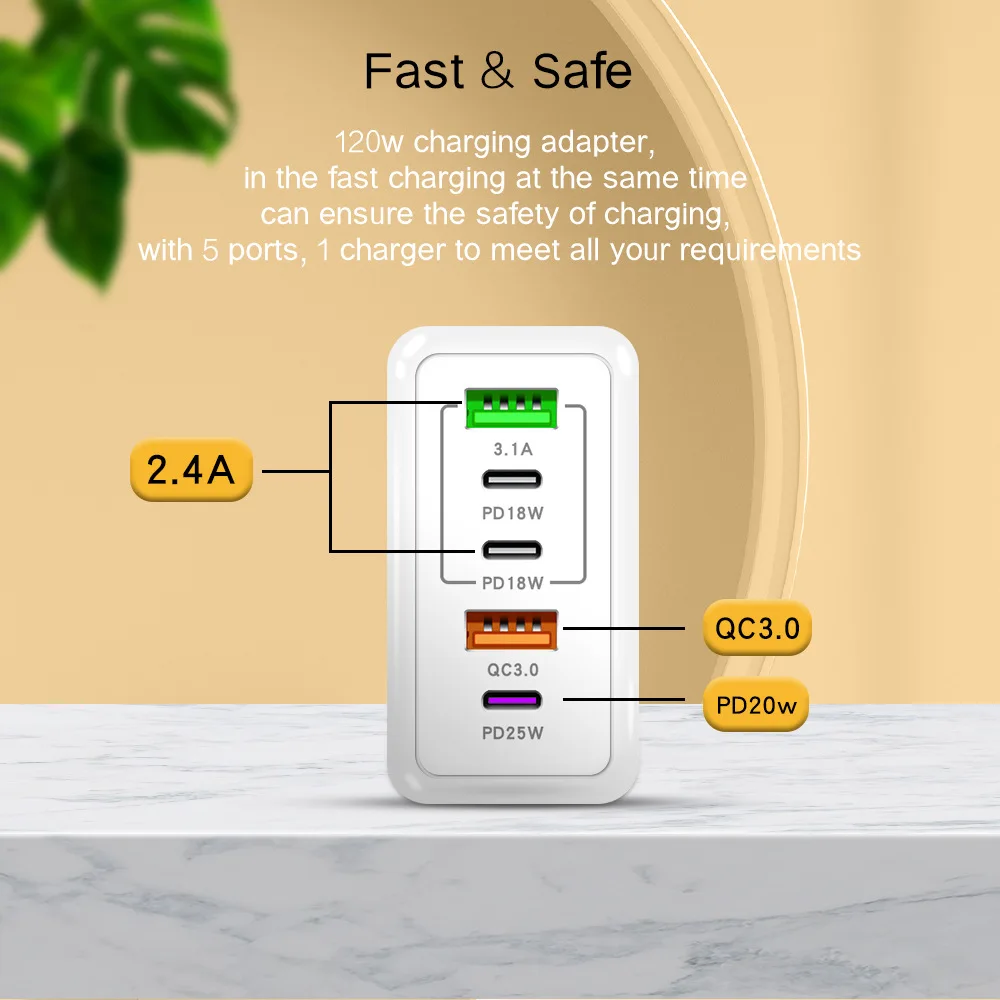 120W PD 5 포트 USB 충전기, 고속 충전, QC3.0 USB C 타입 휴대폰 충전기, 아이폰, 화웨이, 삼성, 샤오미
