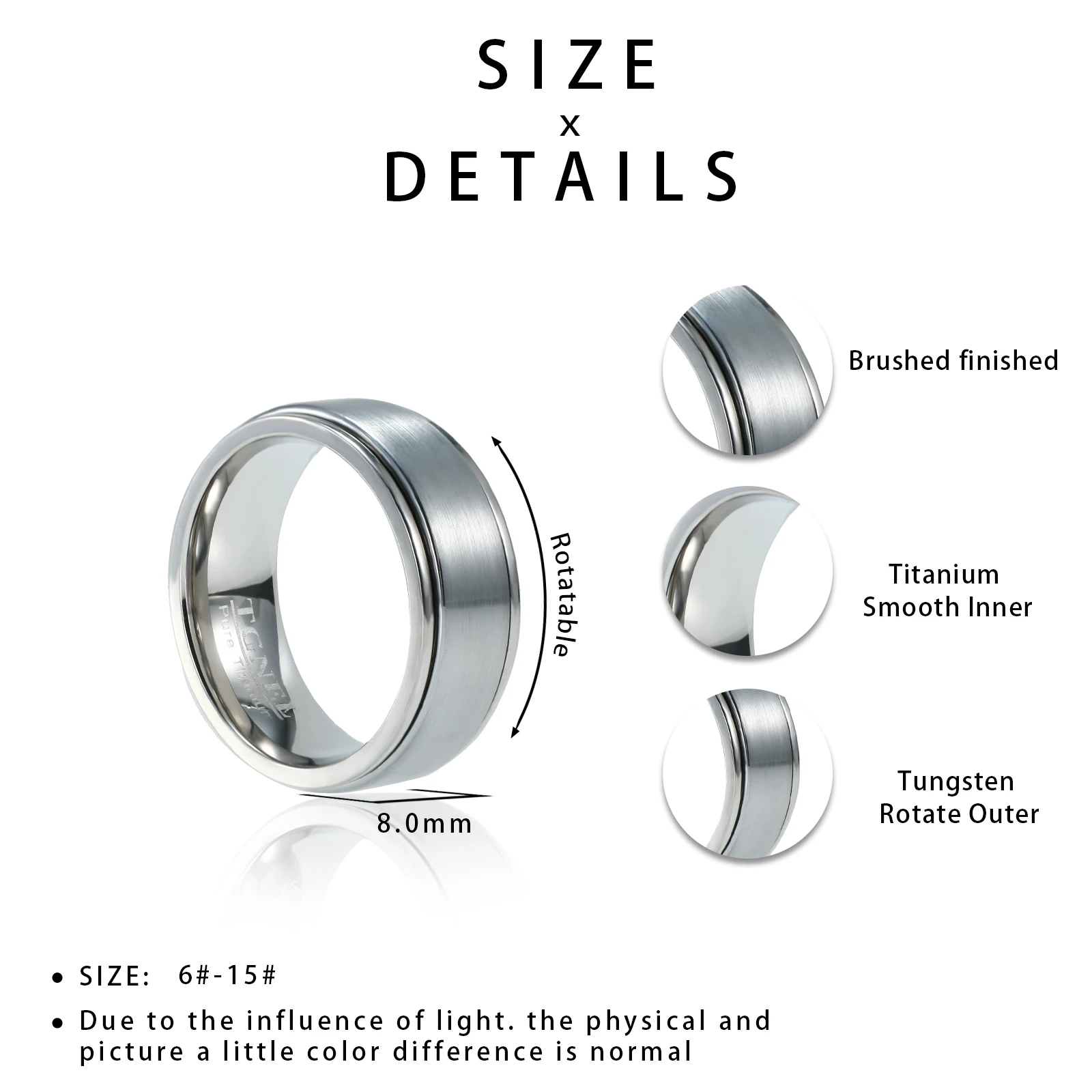 6/8mm Titanium Tungsten Spinner Rings for Men Women Wedding Band Half Size Nickel Free Fidget Anxiety Comfort Fit