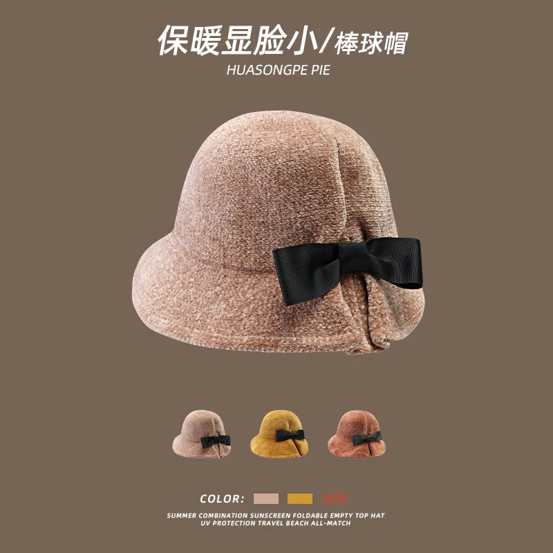 Women's Korean-Style Ins Autumn Winter Bowknot Bucket Hat Wide Brim Make Your Face Look Smaller Thermal Knitting Fashion