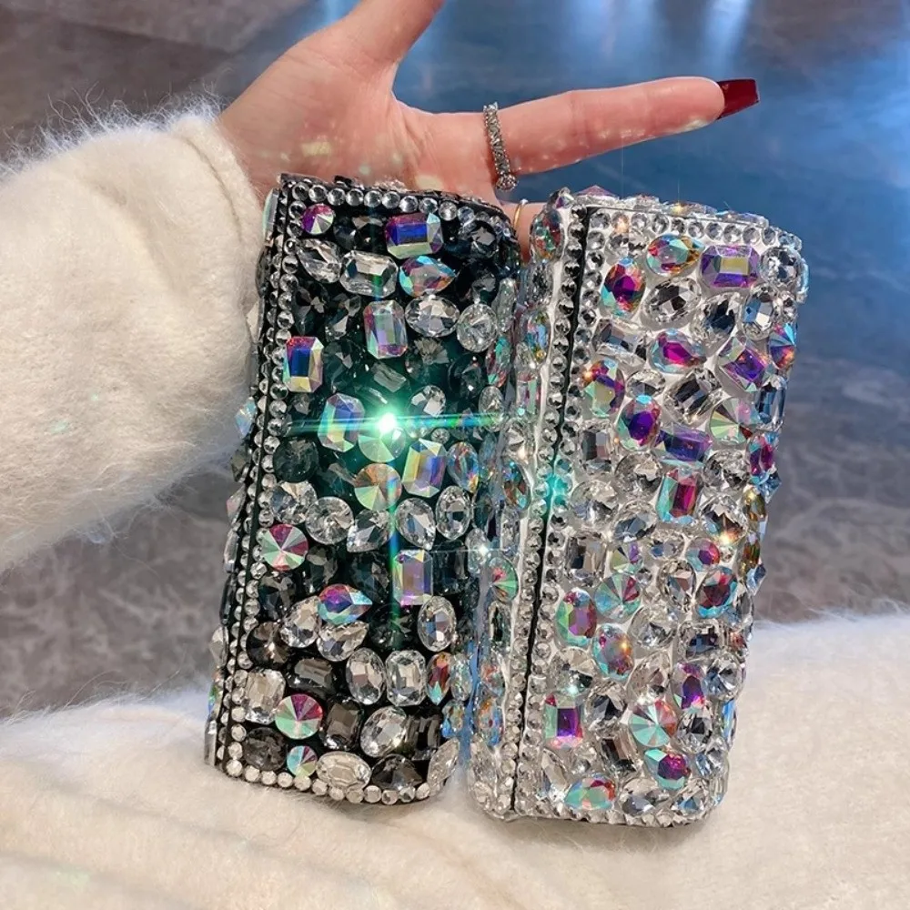 Portable Rhinestone-inlay Glasses Case Shiny Magnetic Eyewears Storage Box Dust-proof Leather Crystal Black Glasses Organizer