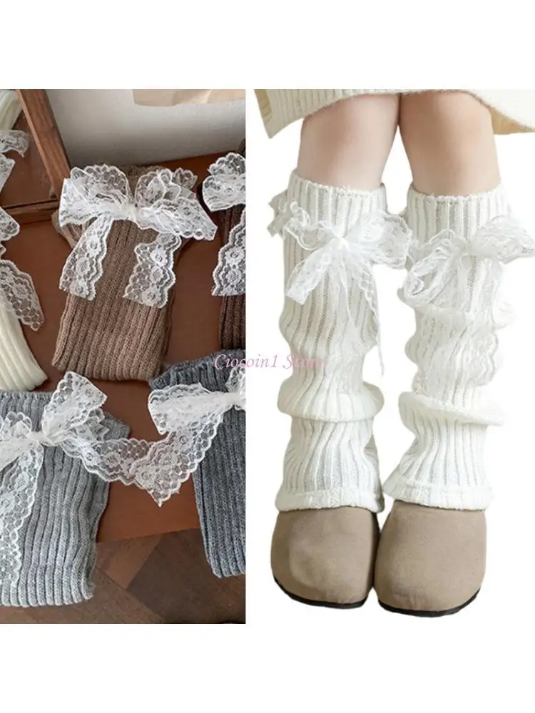 

Y1UB Sweet Charm Leg Warmers For Girls With Lace Bowknot Accent Soft Acrylic Stacked Design Toddler Socks Sleeve Accessories