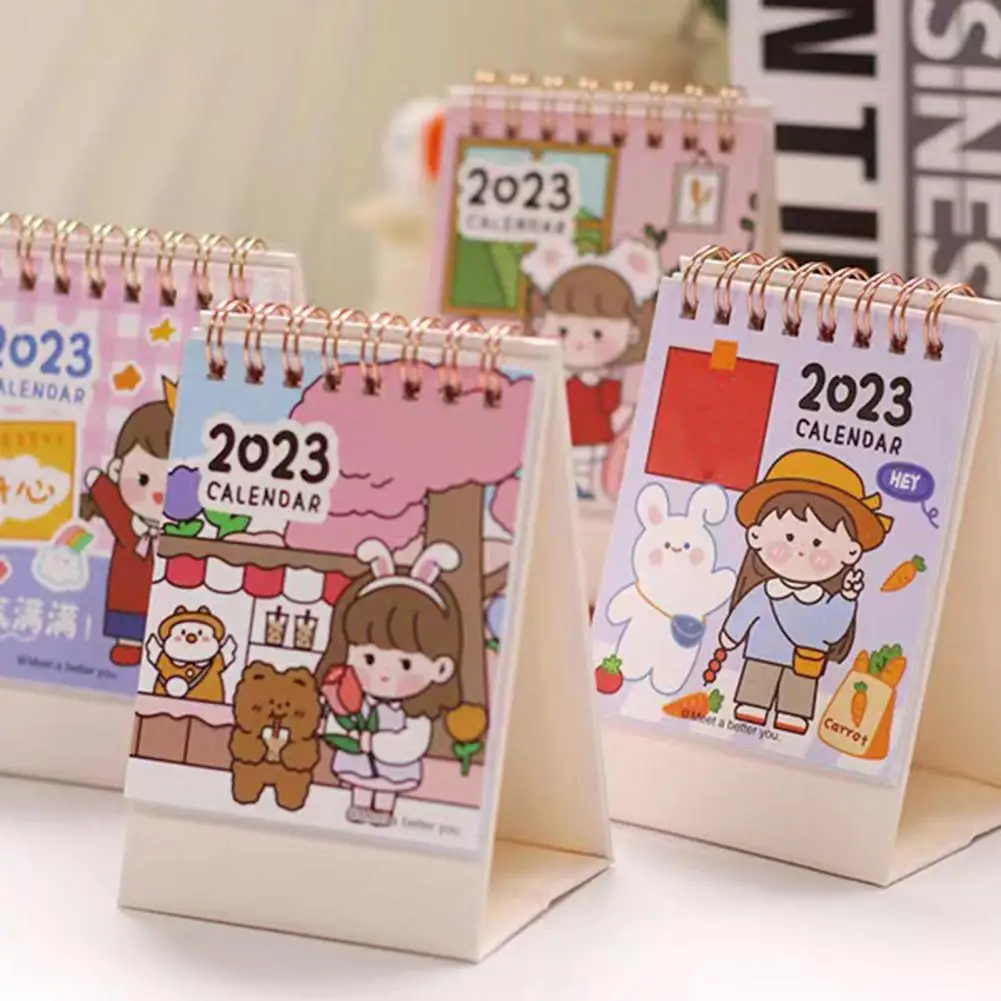 Bureau Kalender Cartoon Ontwerp Delicate Patroon Dubbele Ring Pagina Draaien Met Kartonnen Basis Time Management Mini 2023 Staande