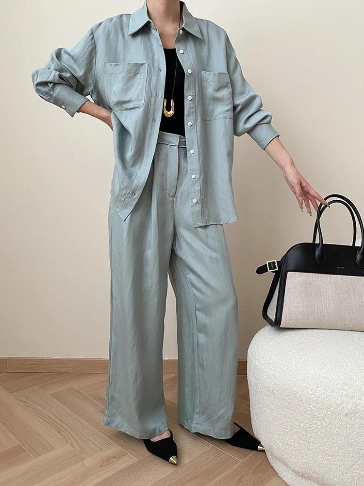 Big Size Beige Elegant Shirt Wide Leg Pants Two Piece Suit New Lapel Long Sleeve Women Fashion Tide Spring Autumn