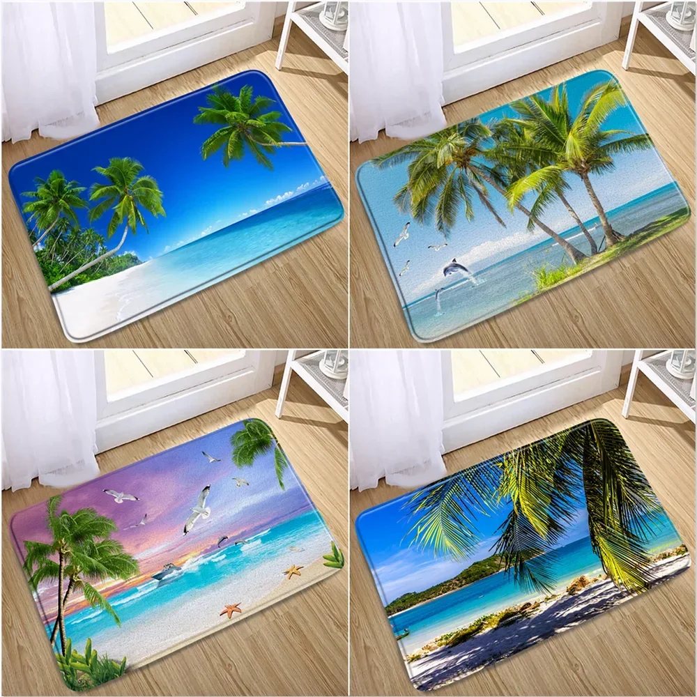 Summer Sunlight Ocean Landscape Print Non Slip Bath Mat Sea Beach Palm Tree Dolphin Bathroom Carpet Outdoor Rug Entrance Doormat
