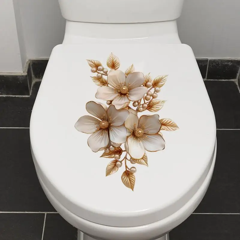 -Light Luxury Gold Silvery Flower Stickers Waterproof PVC Toilet Cover Decal Bathroom Wall Background Self-adhesive Decoration