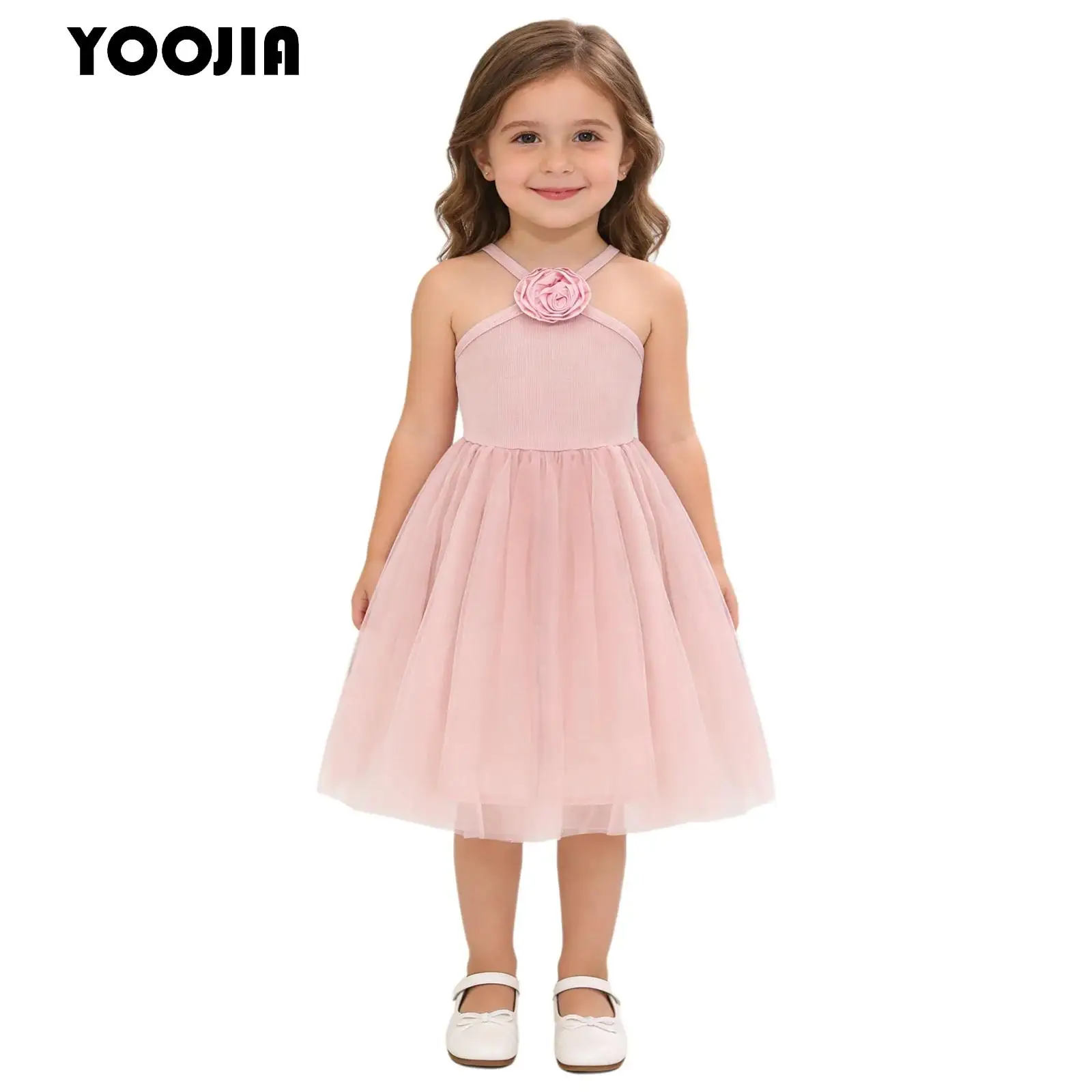 

Kid Girls Flower Applique Sling Dress Sleeveless Tulle Hem Princess Tutu Dress Sundress Christmas Birthday Wedding Pageants Gown