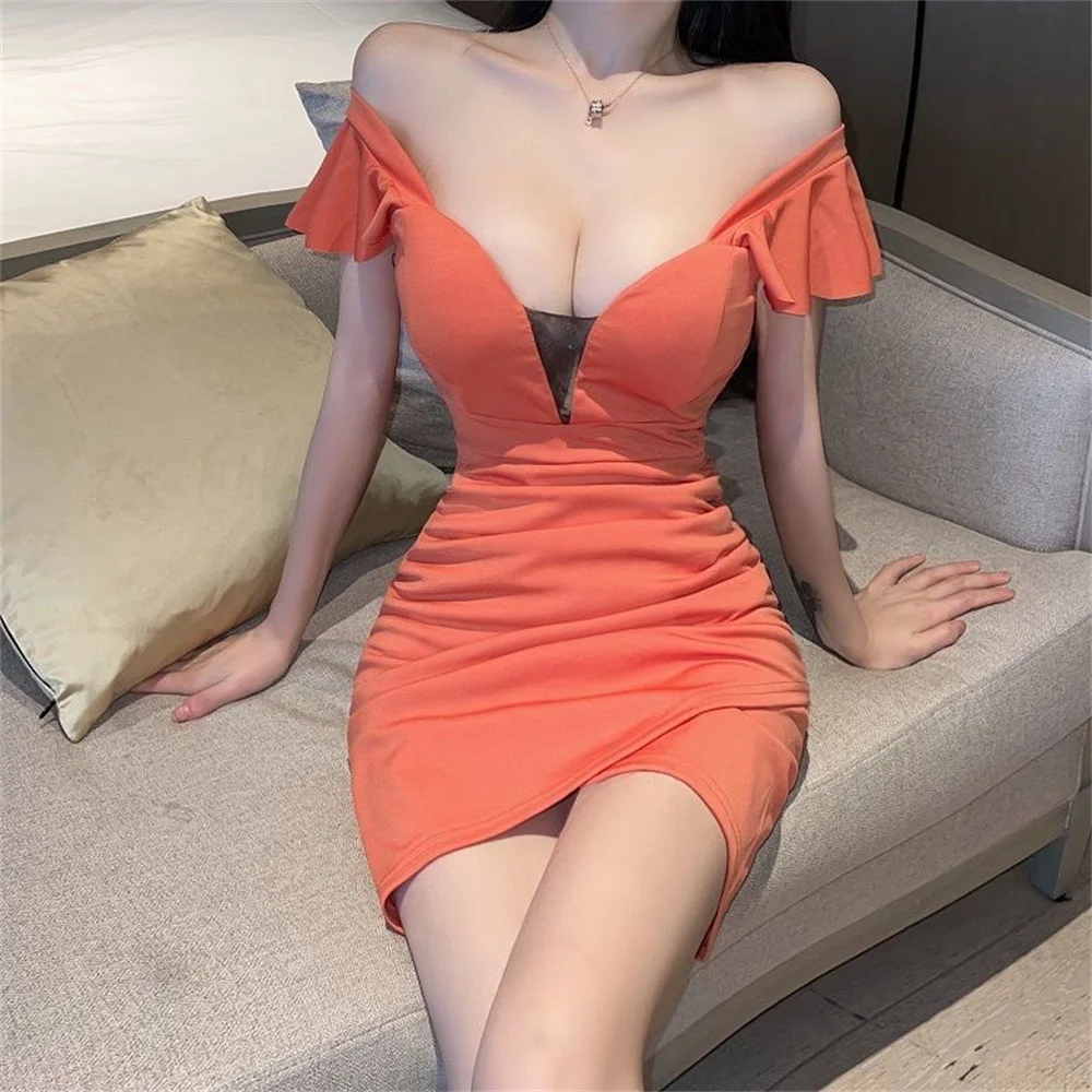 

Fashion New Spring Summer Lady Low Cut Deep V-Neck Short Sleeve Dress Sexy Girl Party Wrap Hip Skirt Casual Clothing Woman Gift