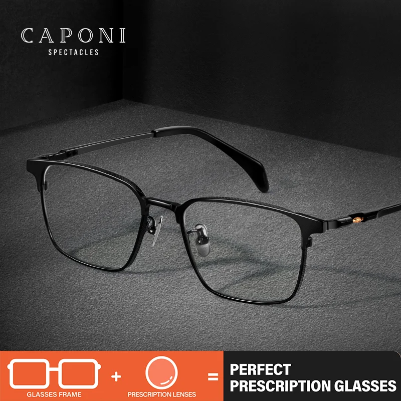 CAPONI وصفة طبية الرجال نظارات التيتانيوم النقي نظارات الكمبيوتر التقدمية الكلاسيكية مكافحة بلو راي القراءة النظارات السوداء PJ7527