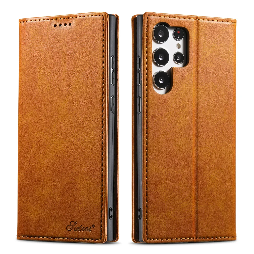 

Luxury Calfskin Magnetic Flip Leather Case for Galaxy S24 Ultra S21 S22 Plus S23 FE Note 20 Card Slots Holder Slim Wallet Case