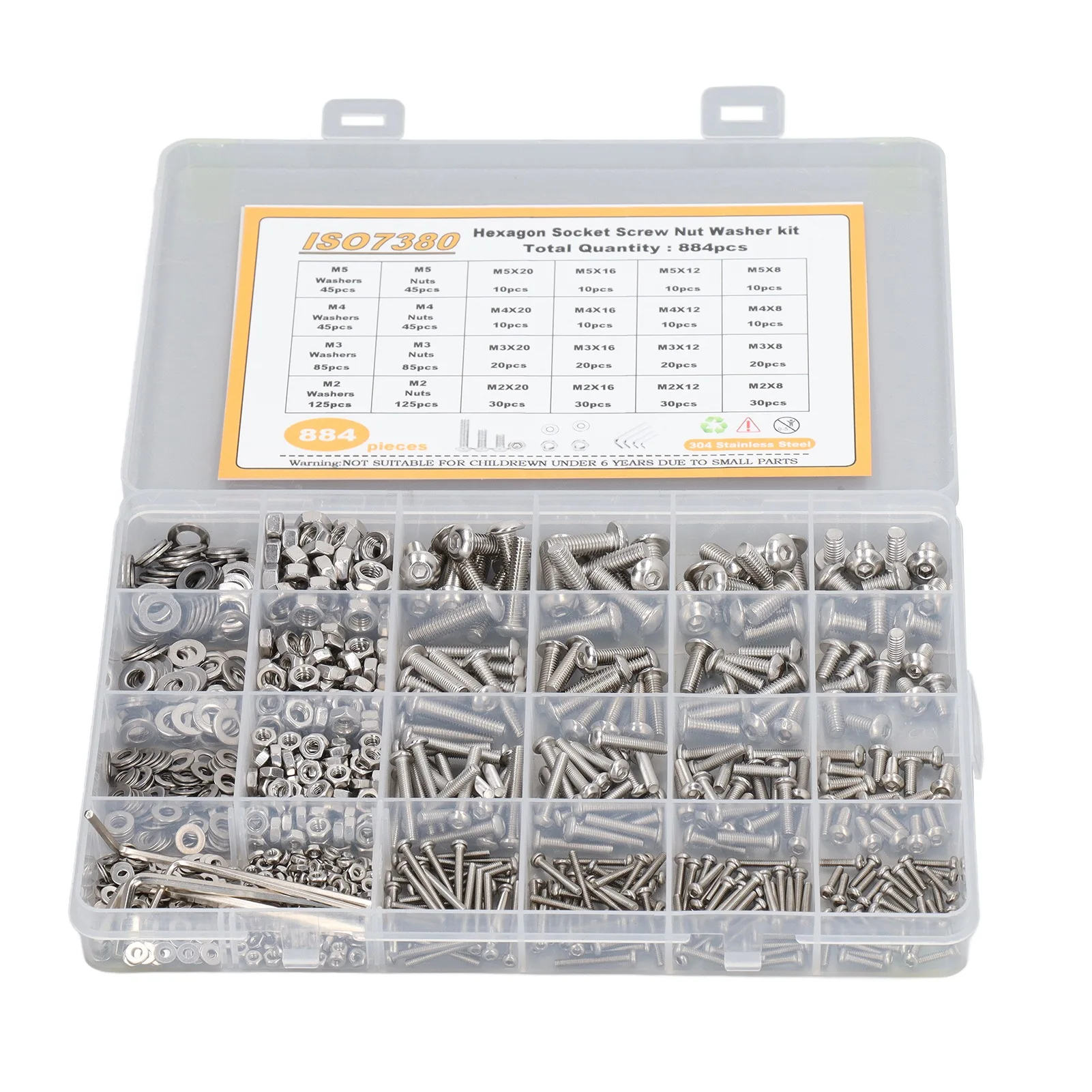 

884 Pcs Stainless Steel Screw Nut Washer Wrench Kit M2 M3 M4 M5 Half Round Head Hex Socket Screws Nuts Washers Wrench Set