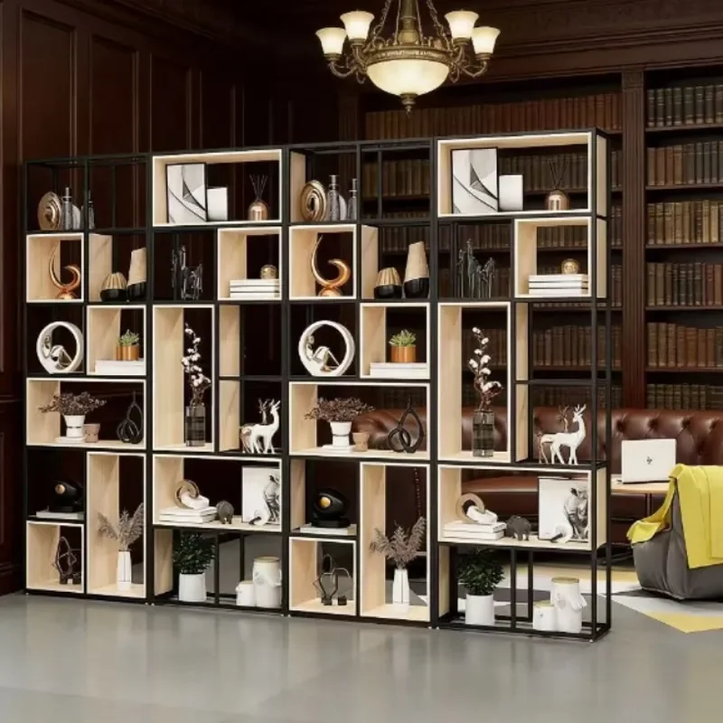 Wrought Iron Bookshelf Floor Partition Shelf Office Screen Bookcase Display Shelf Dining Room Storage Solid Wood Simple