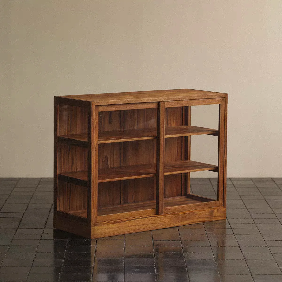 

Retro solid wood dining side cabinet glass door locker integrated against the wall