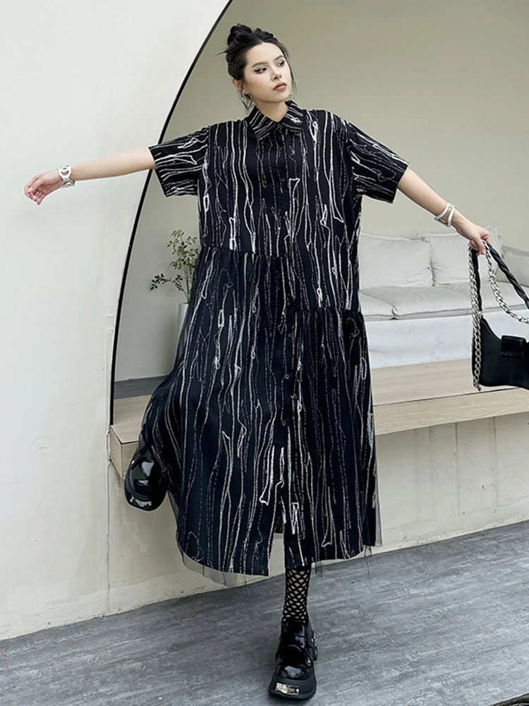 [EAM] Women Black White Tie Dye Mesh Big Size Midi Shirt Dress New Lapel Short Sleeve Fashion Tide Spring Summer 2025 1DH5962