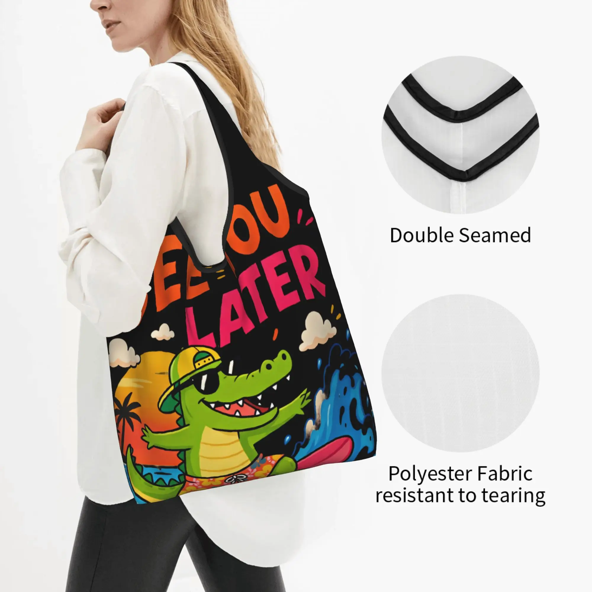 Recycling Italian Brainrot Bombardino Crocodilo Shopping Bag Women Tote Bag Portable Funny Meme Groceries Shopper Bags