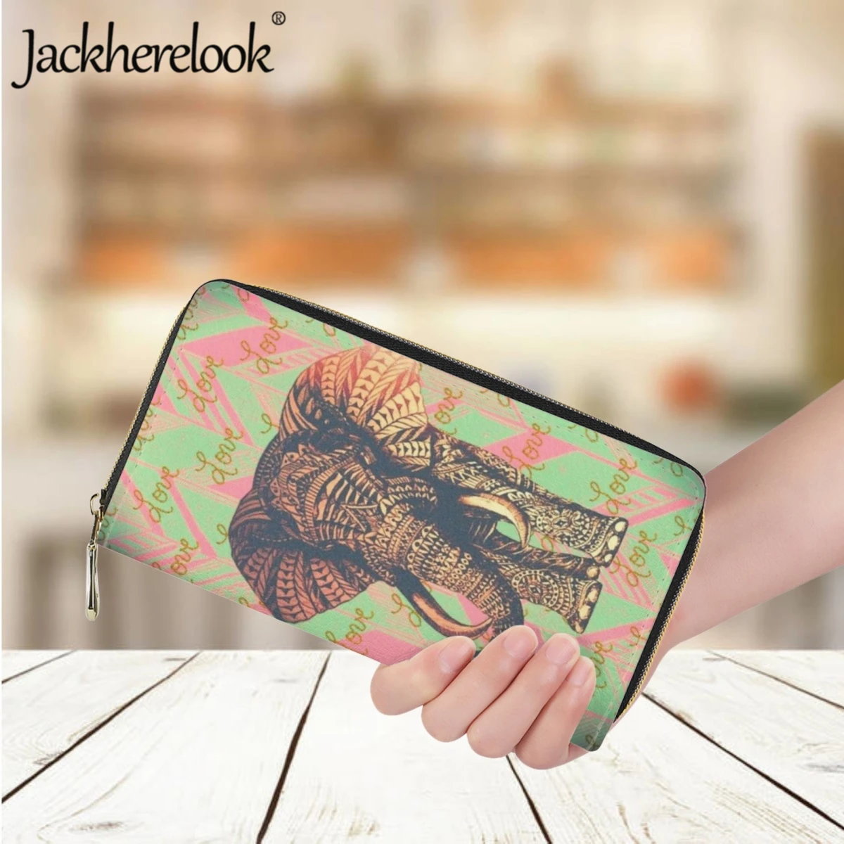 

Jackherelook Women's Purse Fashion New Polynesian Elephant Design Luxury Leather Long Wallet Bank Card Holder Exquisite Clutch