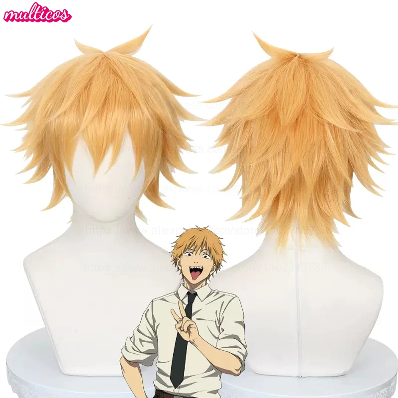 عالية الجودة Denji شعر مستعار تأثيري قصيرة الطبقات الذهبي مقاومة للحرارة الشعر الاصطناعية هالوين كرنفال أنيمي الباروكات + غطاء شعر مستعار #1