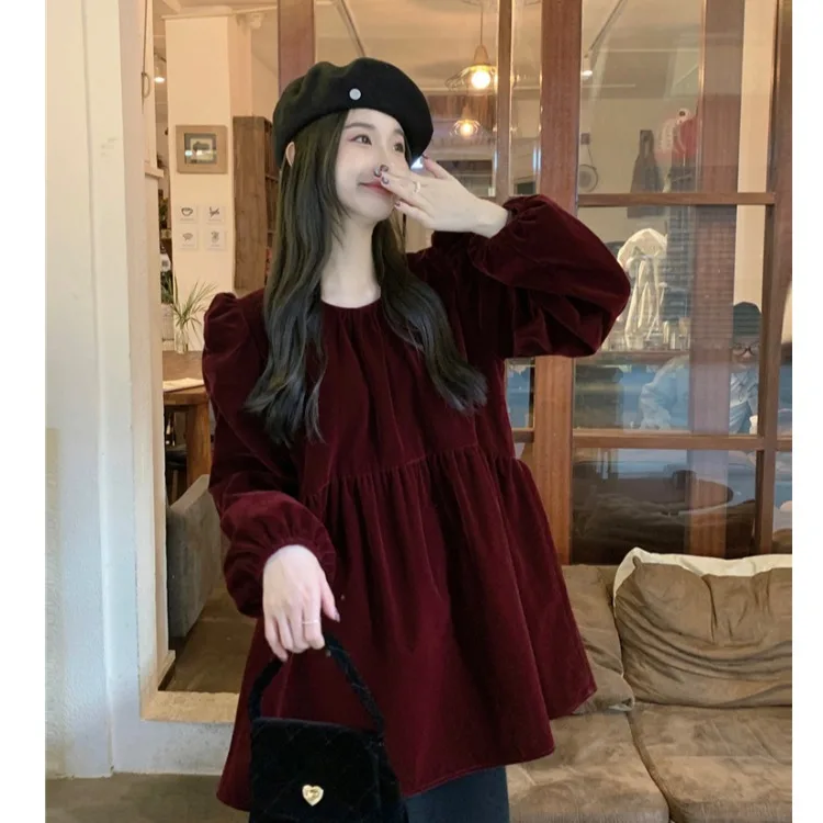 Cisas rouge velours irt femme bulle ample Sve rond Ne pull Ele plissé trajet Sle hiver Faion