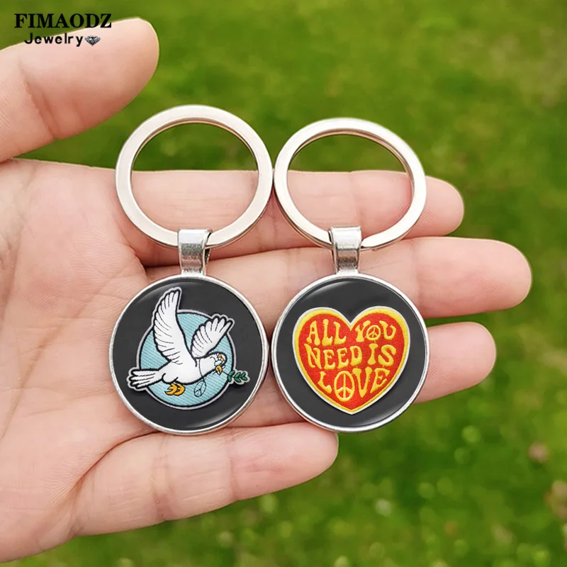 Peace Dove Love Heart Keychain Moon And Sun Cartoon Bus Mushroom Creative Glass Pattern Handmade Keyring Jewelry