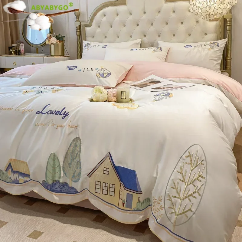 Fairy Tale Town Embroidery Bedding Set Luxury Egyptian Cotton Boys Duvet Cover Bed Sheets and Pillowcases Comforter Bed Sets