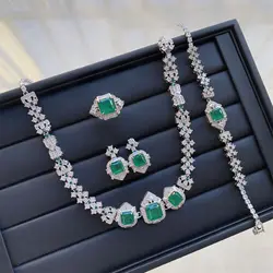 Vintage Lab Emerald Diamond Jewelry set 925 Sterling Silver Engagement Wedding Rings Earrings Necklace Bracelet For Women Gift
