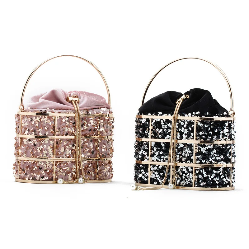 

New Style Handheld Evening Bag European And American Fashion Metal Hollowed-out Sequin Bucket Bag For Ladies Fashionable Clutch