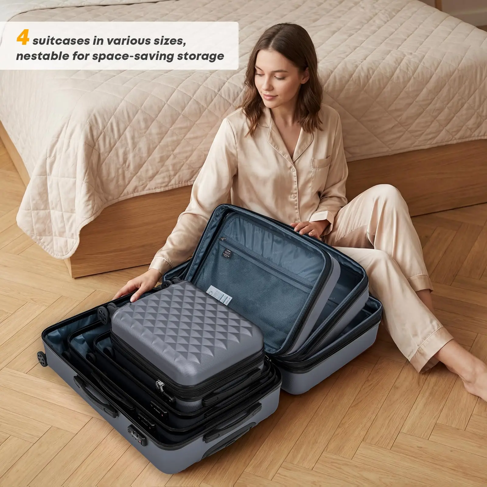 YONSLY uitbreidbare koffersset 4-delig 16/20/24/28 inch met TSA-slot 4 stille 360° wielen °   Rolbare mesh tas met zachte rubberen handgreep, minimalistische koffer voor vakantie, lange reizen,