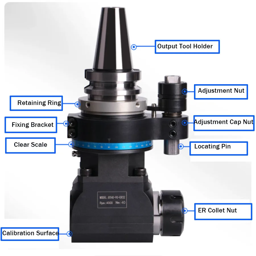 CNC machining center BT40 BT50-ER32 90 ° angle head side milling head right angle head side processing