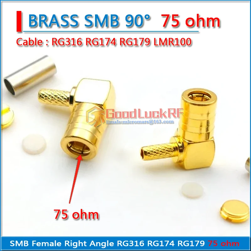 

1X Pcs 75 ohms SMB Female Jack 90 Degree Right Angle Crimp for RG316 RG174 RG179 LMR100 Cable Plug Gold Plated Coaxial low loss