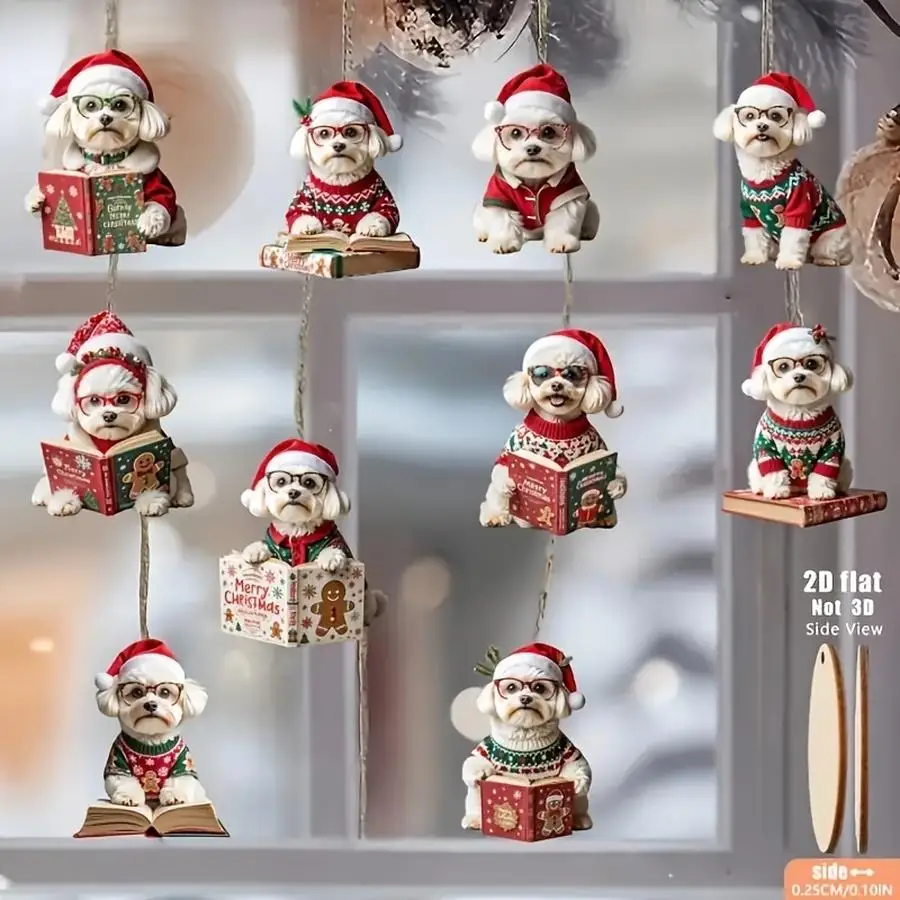 1/5/10/20/50/100pcs 2D Flat 10-Piece Set: Creative Christmas Maltese Dog with Santa Hat and Glasses Wooden Ornaments, Suitable f