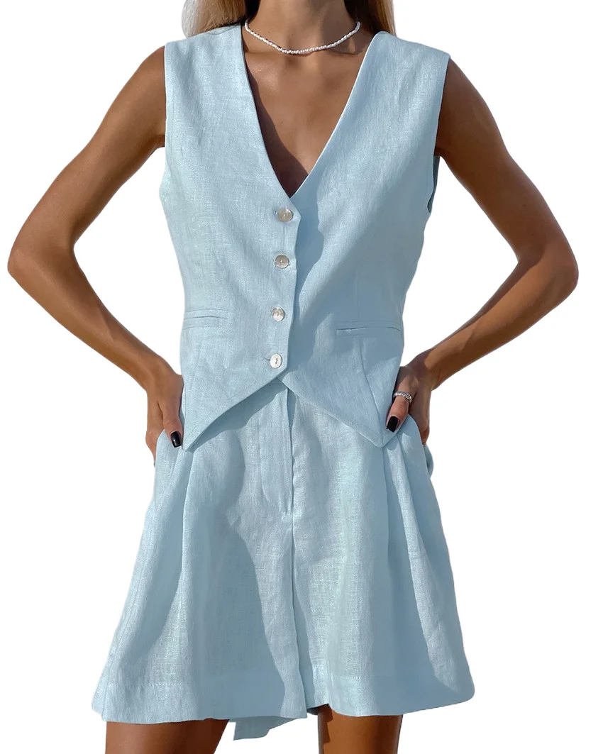 

Модный комплект из двух предметов, женский повседневный жилет без рукавов с v-образным вырезом и пуговицами, шорты с высокой талией, новый летний однотонный костюм