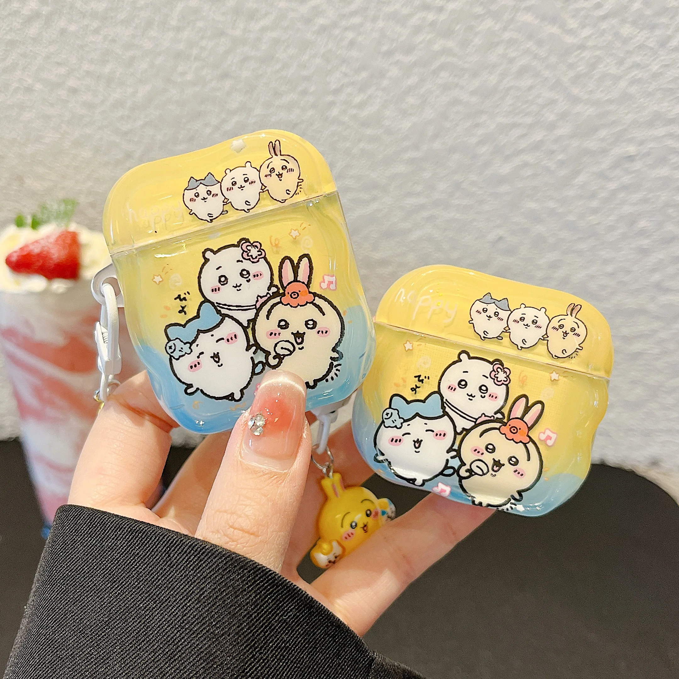 موجة حافة نمط Chiikawa & Hachiware & Usagi Muster مع قلادة سماعة الرأس ل Airpods 2 1 4 3 Pro 2 غطاء مقاوم للخدش